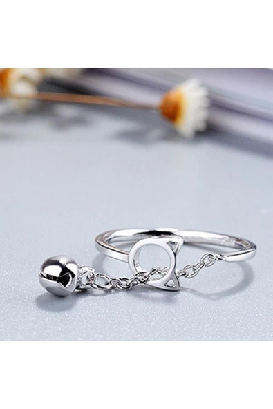 925 Ayar Çıngıraklı Kedi Figürlü Sallantılı Gümüş Yüzük Hediyelik - Resim 3