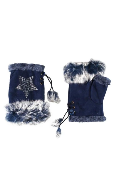 Parmaksız Tasarım Yıldız ve Parıltı Taşlı Kadın Eldiven Ayarlanır - Resim 8