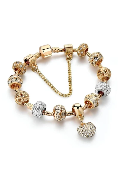 14k Altın Kaplama Avusturya Kristali Kalp Detaylı Charmlı Kadın Bileklik ürün görseli 1