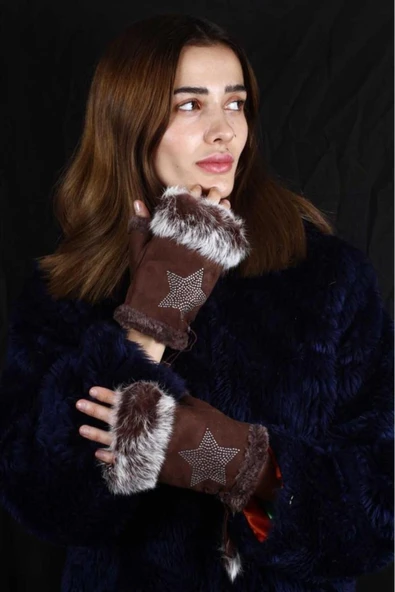 Parmaksız Tasarım Yıldız ve Parıltı Taşlı Kadın Eldiven Ayarlanır - Resim 6