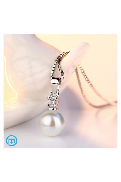 925 Ayar Gümüş Zirkon Taşlı Incili Zincirli Kolye Hediyelik ürün görseli 1