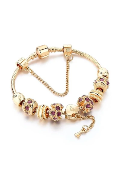 Kilitli Kalp Figürlü Taşlı Charm 20cm Bileklik-gold ürün görseli 1