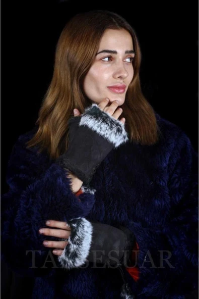 Kadın Eldiven Parmaksız Tasarım Kenarları Tüylü Model Ayarlanabilir Beden ürün görseli 1