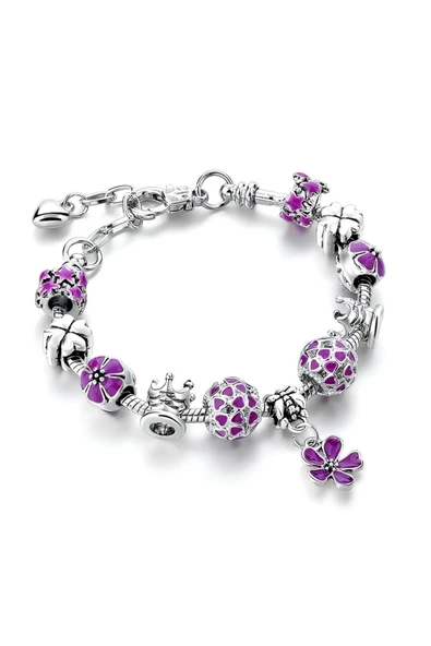 Avusturya Kristali Çiçek Figürlü Charmlı Gümüş Kadın Bileklik 20 Cm-mor ürün görseli 1