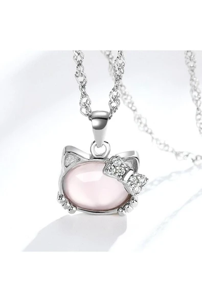 925 Ayar Gümüş Kedi Kafası Figürlü Taşlı Kadın Kolye - Resim 2