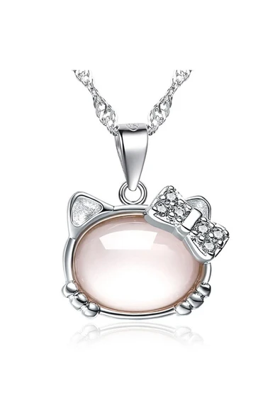 925 Ayar Gümüş Kedi Kafası Figürlü Taşlı Kadın Kolye ürün görseli 1