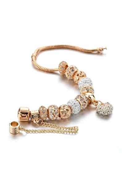 14k Altın Kaplama Avusturya Kristali Kalp Detaylı Charmlı Kadın Bileklik - Resim 3