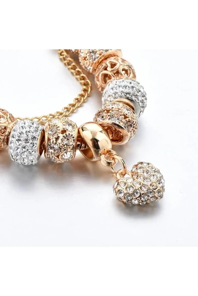 14k Altın Kaplama Avusturya Kristali Kalp Detaylı Charmlı Kadın Bileklik - Resim 4