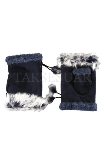 Kadın Eldiven Parmaksız Tasarım Kenarları Tüylü Model Ayarlanabilir Beden - Resim 2