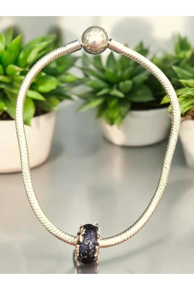 925 Ayar Mavi Galaksi Ve Yıldızlar Murano Charmlı Gümüş Bileklik - Resim 2