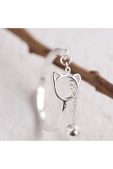 925 Ayar Çıngıraklı Kedi Figürlü Sallantılı Gümüş Yüzük Hediyelik ürün görseli 1