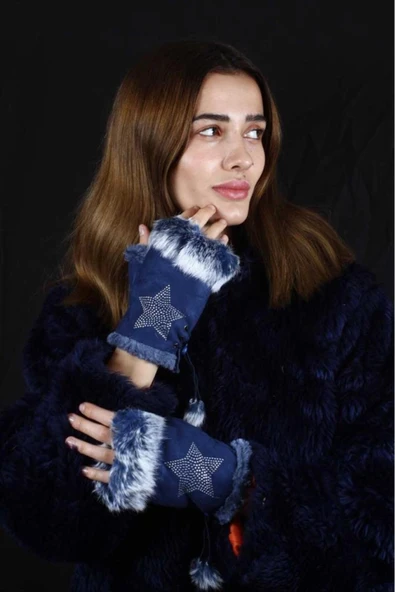 Parmaksız Tasarım Yıldız ve Parıltı Taşlı Kadın Eldiven Ayarlanır - Resim 7