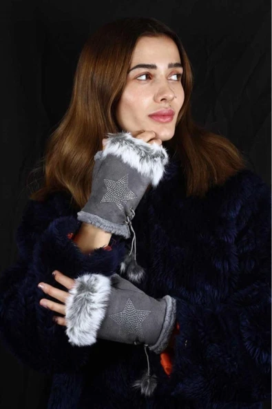 Parmaksız Tasarım Yıldız ve Parıltı Taşlı Kadın Eldiven Ayarlanır - Resim 4