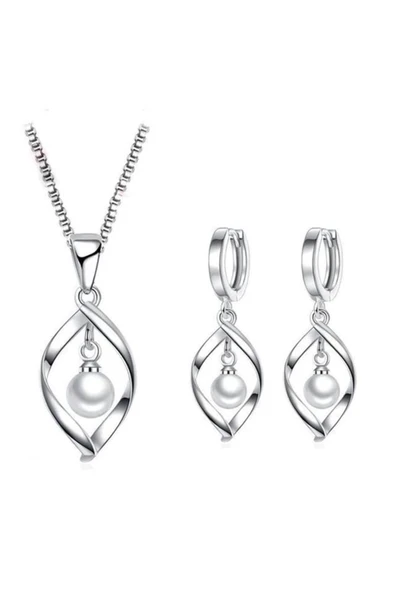 925 Ayar Gümüş Inci Taşlı Özel Tasarım Gümüş Kolye Ve Küpe Seti ürün görseli 1