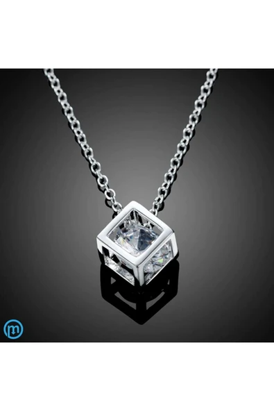 925 Ayar Gümüş Küp Zar Şeklinde Kristal Taşlı Kolye Hediyelik - Resim 2