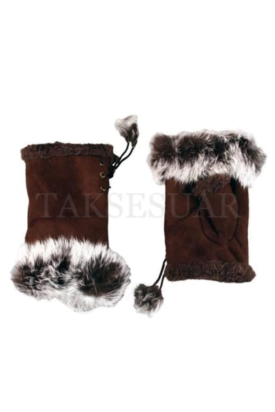 Kadın Eldiven Parmaksız Tasarım Kenarları Tüylü Model Ayarlanabilir Beden - Resim 2