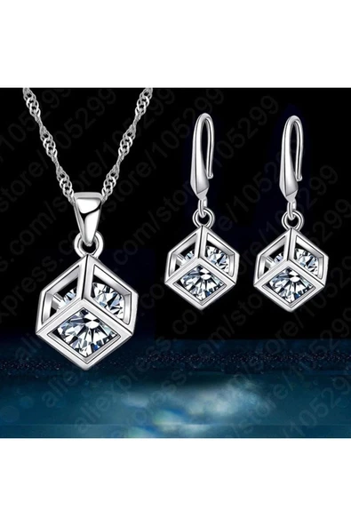 925 Ayar Gümüş Kaplama Küp Kolye Küpe Seti - Resim 2