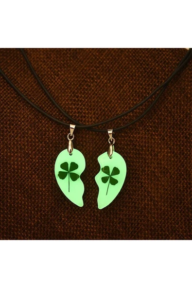 Sevgililer Için Karanlıkta Parlayan Fosforlu Yonca Kalp Kolye Sevgililer Günü Hediyesi - Resim 3