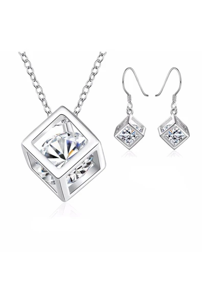 925 Ayar Gümüş Kaplama Küp Kolye Küpe Seti ürün görseli 1