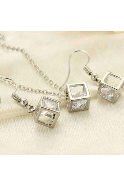925 Ayar Gümüş Kaplama Küp Kolye Küpe Seti - Resim 4