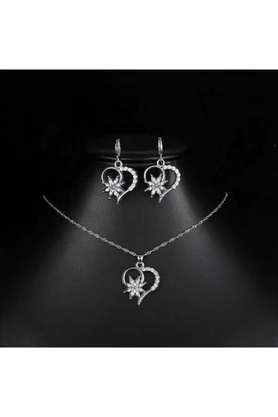 925 Damgalı Gümüş Kaplama Taşlı Özel Tasarım Kadın Kolye ve Küpe Seti - Resim 2