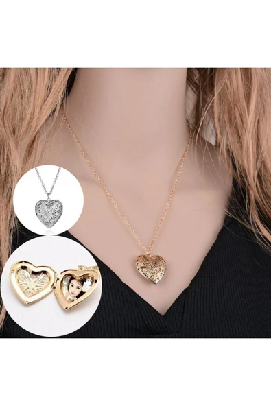 Fotoğraf Çerçeveli Kalp Kolye Gold Renk - Resim 2