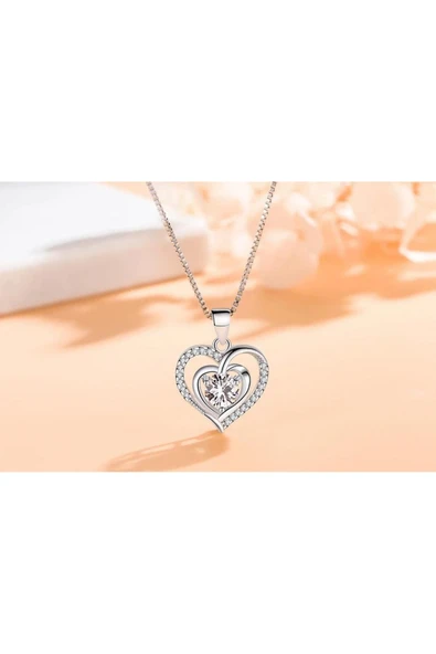 925 Ayar Damgalı Gümüş Kaplama Zirkon Taşlı Kalp Kadın Kolye ürün görseli 1