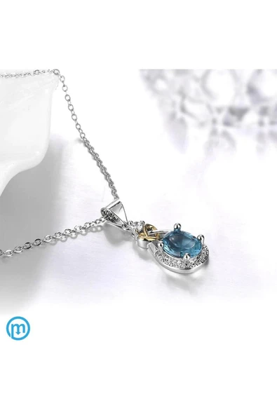 14k Ayar Gold Altın Kaplama 925 Ayar Gümüş Su Damlası Avusturya Kristali Kadın Mavi Kolye - Resim 4