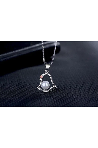 925 Ayar Gümüş Inci Taşlı Çan Figürlü Gümüş Kolye - Resim 2