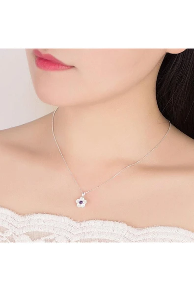 925 Ayar Taşlı Çiçek Kadın Gümüş Kolye Hediyelik - Resim 2
