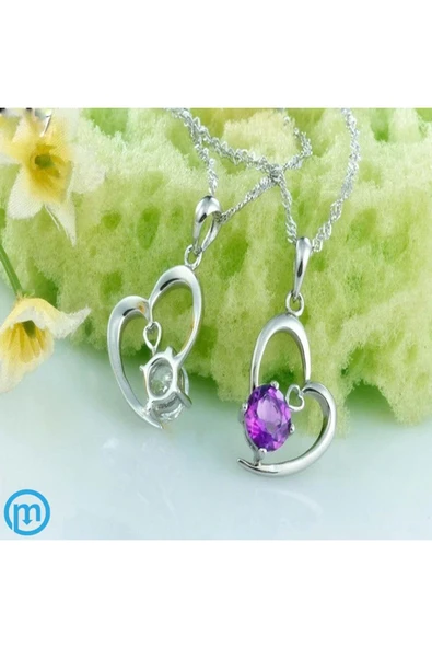 925 Damgalı Kalp İçinde Kalp Taşlı Gümüş Kaplama Kolye Küpe Set-Mor - Resim 2