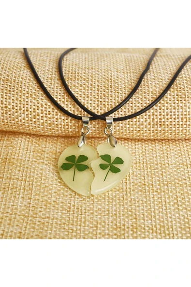 Sevgililer Için Karanlıkta Parlayan Fosforlu Yonca Kalp Kolye Sevgililer Günü Hediyesi - Resim 2