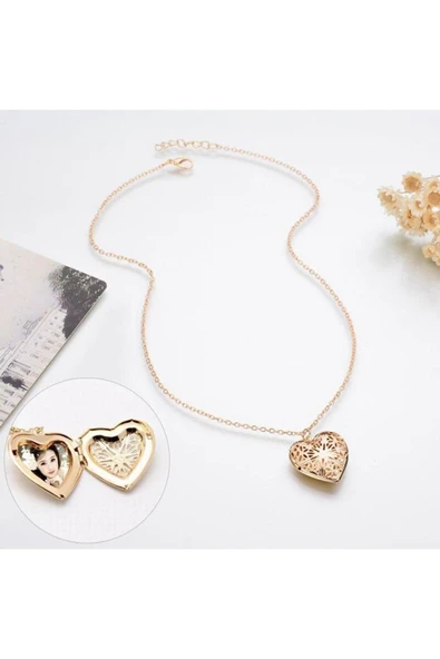 Fotoğraf Çerçeveli Kalp Kolye Gold Renk - Resim 6