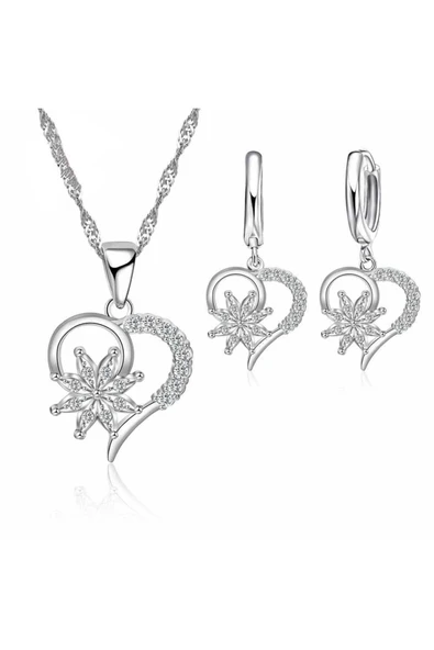 925 Damgalı Gümüş Kaplama Taşlı Özel Tasarım Kadın Kolye ve Küpe Seti ürün görseli 1