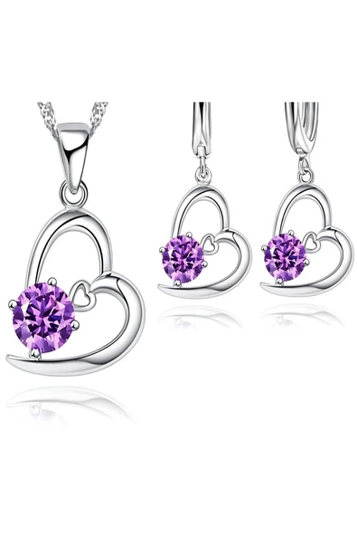 925 Damgalı Kalp İçinde Kalp Taşlı Gümüş Kaplama Kolye Küpe Set-Mor ürün görseli 1