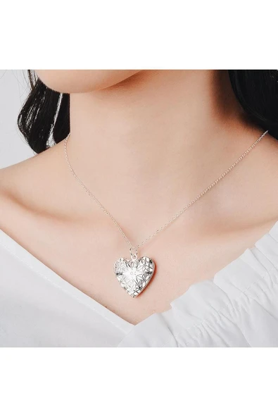 Fotoğraf Çerçeveli Kalp Kolye Gümüş Renk Hediyelik - Resim 6