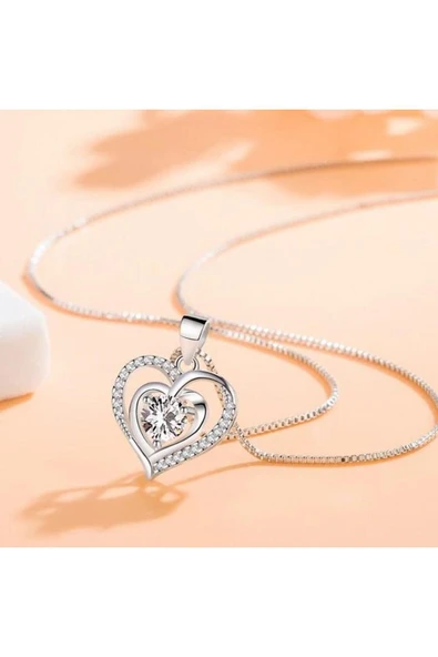 925 Ayar Damgalı Gümüş Kaplama Zirkon Taşlı Kalp Kadın Kolye - Resim 2