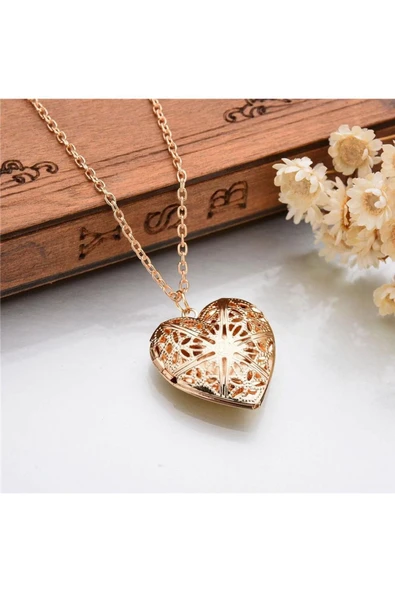 Fotoğraf Çerçeveli Kalp Kolye Gold Renk - Resim 4