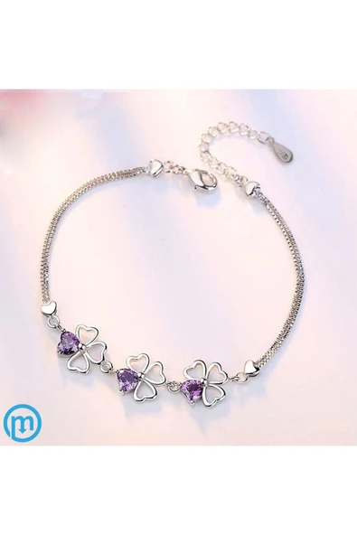 925 Ayar Gümüş Yonca Figürlü Kalpli Mor Taşlı Kadın Bileklik Sevgililer Günü Sevgiliye Hediyelik - Resim 2