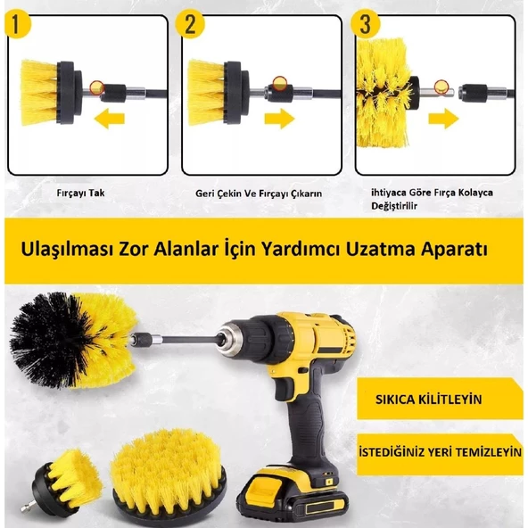 Matkap Uyumlu Uzatma Aparatlı Temizleme Fırça Seti 3 Adet - 6