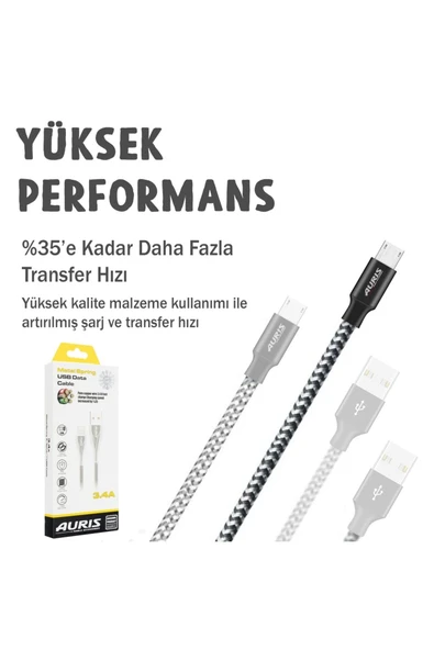 Auris Samsung Android Micro USB Data Destekli Hızlı Şarj Kablosu - Resim 3