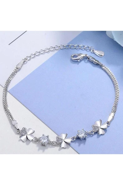 925 Ayar Gümüş Kalpli Yonca Beyaz Taşlı Bileklik Sevgililer Günü Sevgiliye Hediyelik - Resim 3