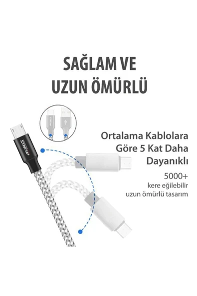Auris Samsung Android Micro USB Data Destekli Hızlı Şarj Kablosu - Resim 5