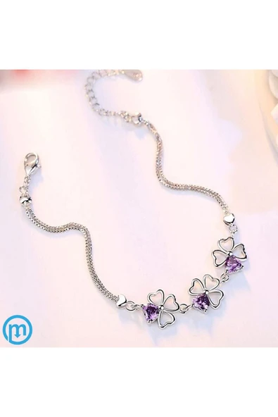 925 Ayar Gümüş Yonca Figürlü Kalpli Mor Taşlı Kadın Bileklik Sevgililer Günü Sevgiliye Hediyelik - Resim 4