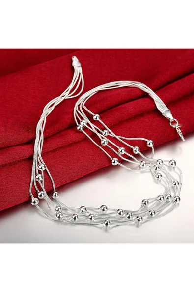 925 Damgalı Gümüş Kaplama Boncuklu Zincir Kolye - Resim 4