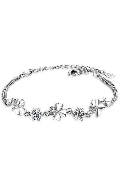 925 Ayar Gümüş Kalpli Yonca Beyaz Taşlı Bileklik Sevgililer Günü Sevgiliye Hediyelik ürün görseli 1