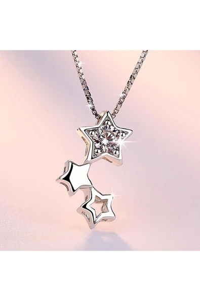 925 Ayar Zirkon Taşlı Yıldız Figürlü Gümüş Kolye Küpe Seti Hediyelik - Resim 2