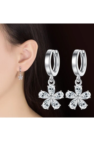 925 Ayar Kristal Taşlı Çiçek Tasarım Gümüş Kolye Küpe Seti - Resim 4