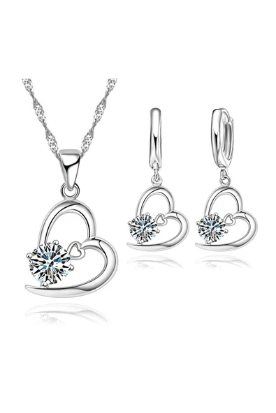925 Ayar Kalp Içinde Kalp Taşlı Gümüş Kolye Küpe Set-beyaz ürün görseli 1