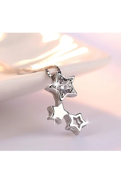 925 Ayar Zirkon Taşlı Yıldız Figürlü Gümüş Kolye Küpe Seti Hediyelik - Resim 6
